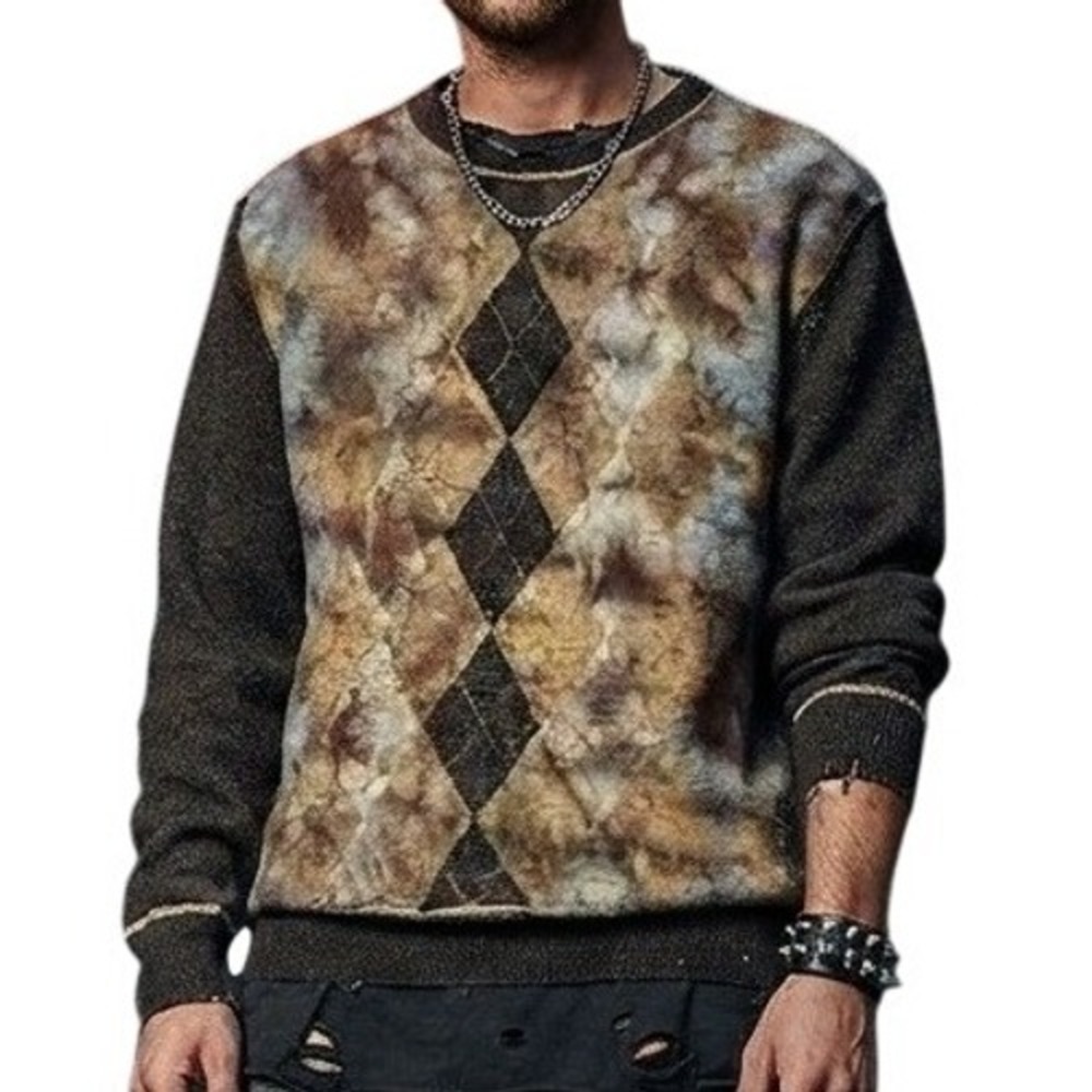 Mens Sweater Brown Argyle Wool Blend Grunge‎ Academia Grandpa Indie Sleeze Vtg L